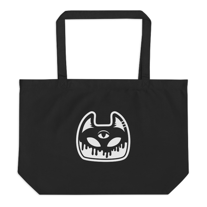 Jumbo black tote bag with white Manxx the Magician head imprinted on the front.