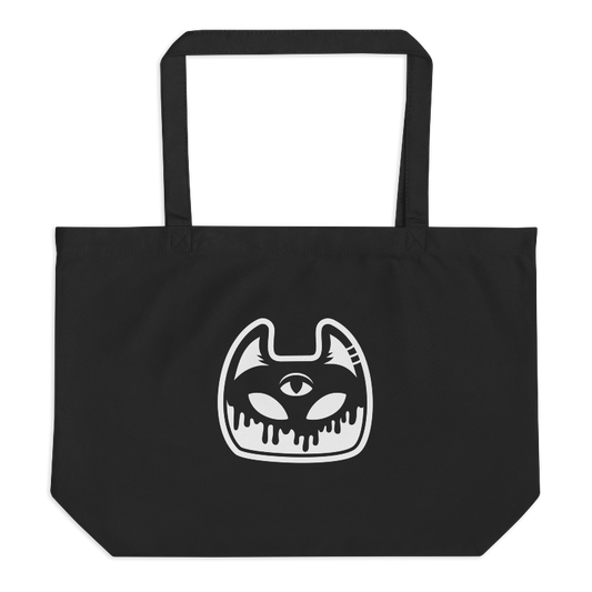 Jumbo black tote bag with white Manxx the Magician head imprinted on the front.