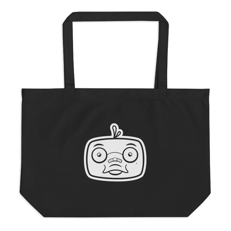 Jumbo black tote bag with white Markoh the Strategist head imprinted on the front.