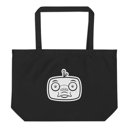 Jumbo black tote bag with white Markoh the Strategist head imprinted on the front.