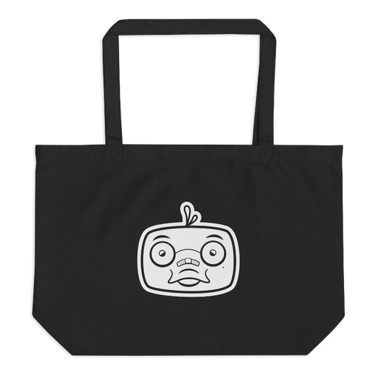 Jumbo black tote bag with white Markoh the Strategist head imprinted on the front.