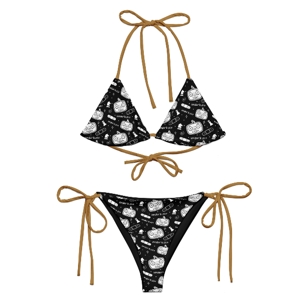 Two-piece string bikini featuring a Markoh the Strategist pattern with mustard yellow strings.