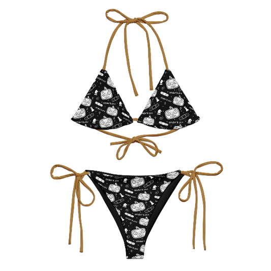 Two-piece string bikini featuring a Markoh the Strategist pattern with mustard yellow strings.