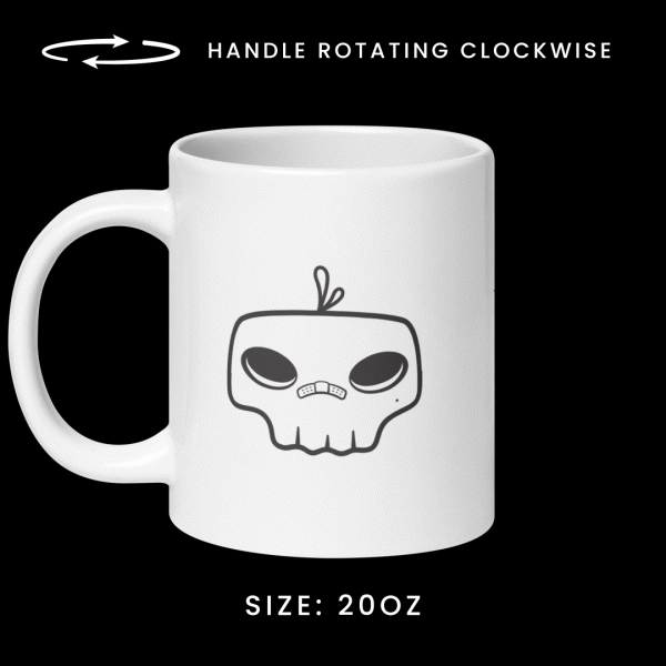 Rotating view of the 20oz mug from the Memento Mori collection, featuring Markoh the Strategist graphics.