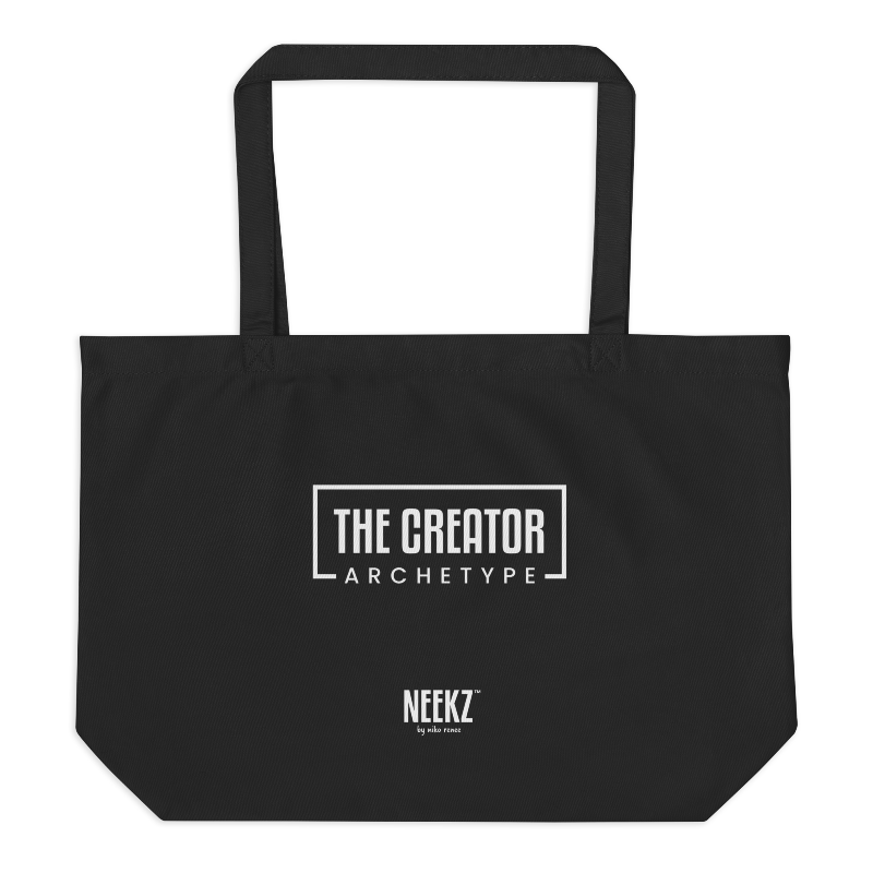 Jumbo black tote bag with white "The Creator Archetype" text imprinted on the back.