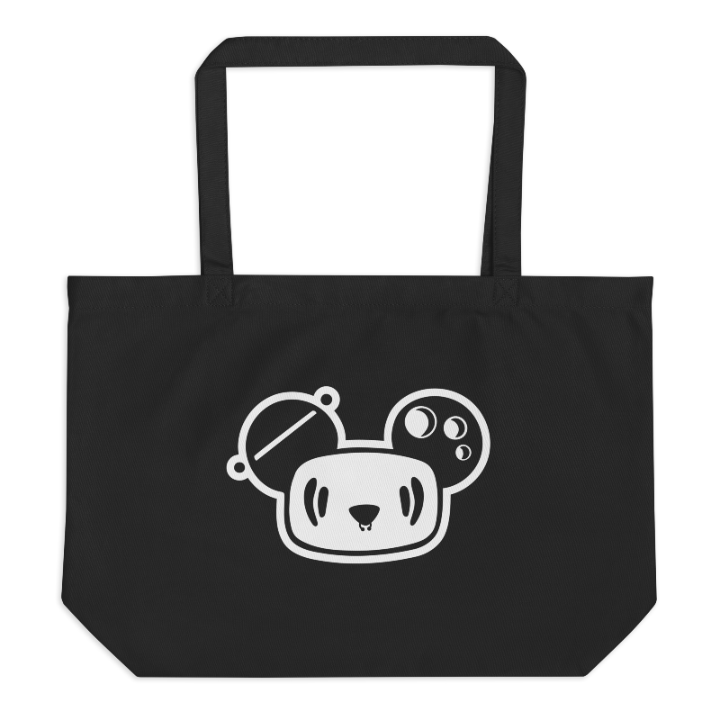 Jumbo black tote bag with white Paninj the Creator head imprinted on the front.