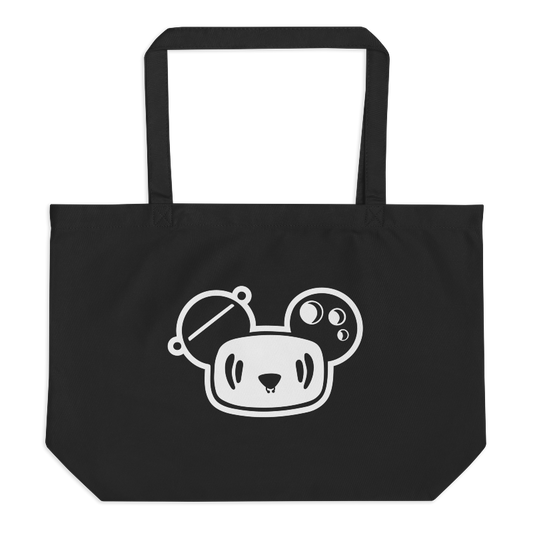 Jumbo black tote bag with white Paninj the Creator head imprinted on the front.