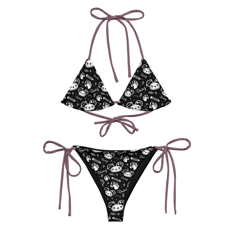 Two-piece string bikini featuring a Paninj the Creator pattern with Warm Lavender Berry strings.