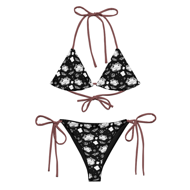 Two-piece string bikini featuring a Tobi the Peacemaker pattern with pastel pinky-brownstrings.