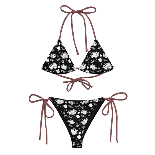 Two-piece string bikini featuring a Tobi the Peacemaker pattern with pastel pinky-brownstrings.