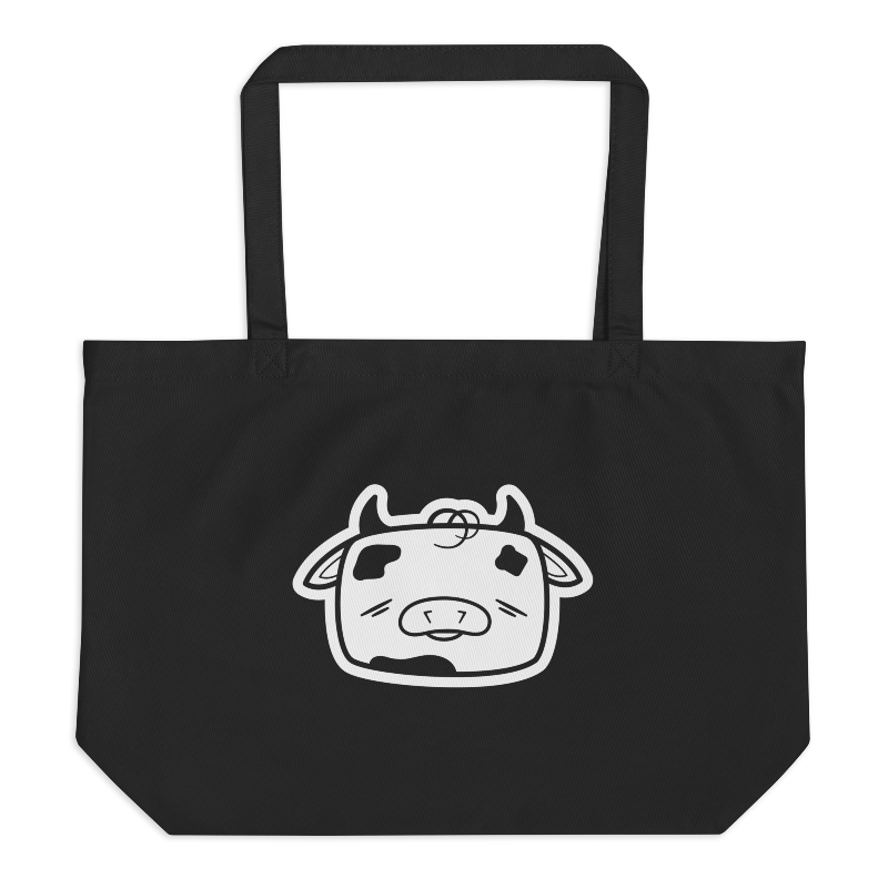 Jumbo black tote bag with white Tobi the Peacemaker head imprinted on the front.