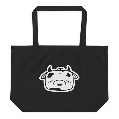 Jumbo black tote bag with white Tobi the Peacemaker head imprinted on the front.