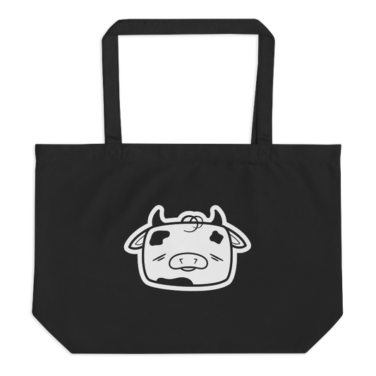 Jumbo black tote bag with white Tobi the Peacemaker head imprinted on the front.