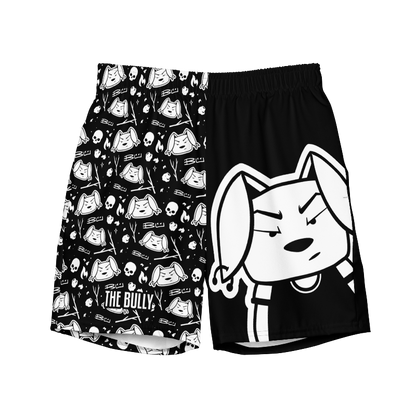 Black and White Swim Trunks featuring Bu the Bully (front view)