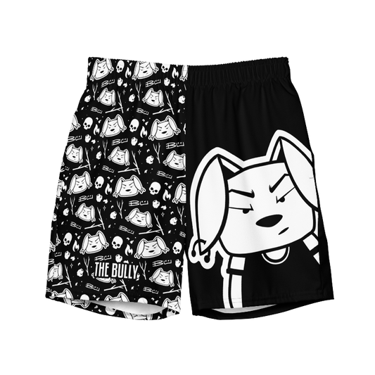 Black and White Swim Trunks featuring Bu the Bully (front view)
