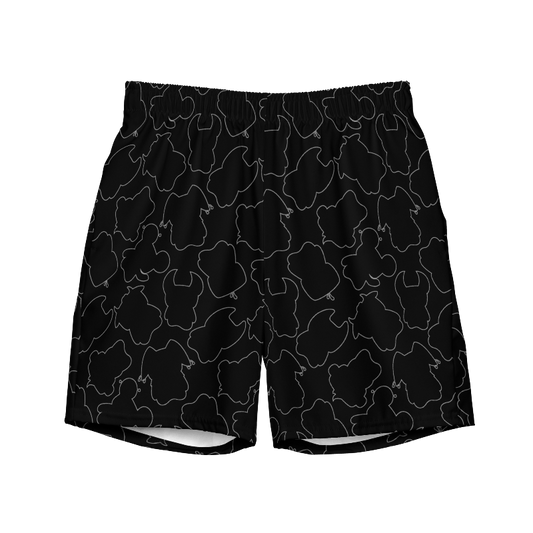 Black swim trunks with grey outlines of the 7 NEEKZ characters (front view)