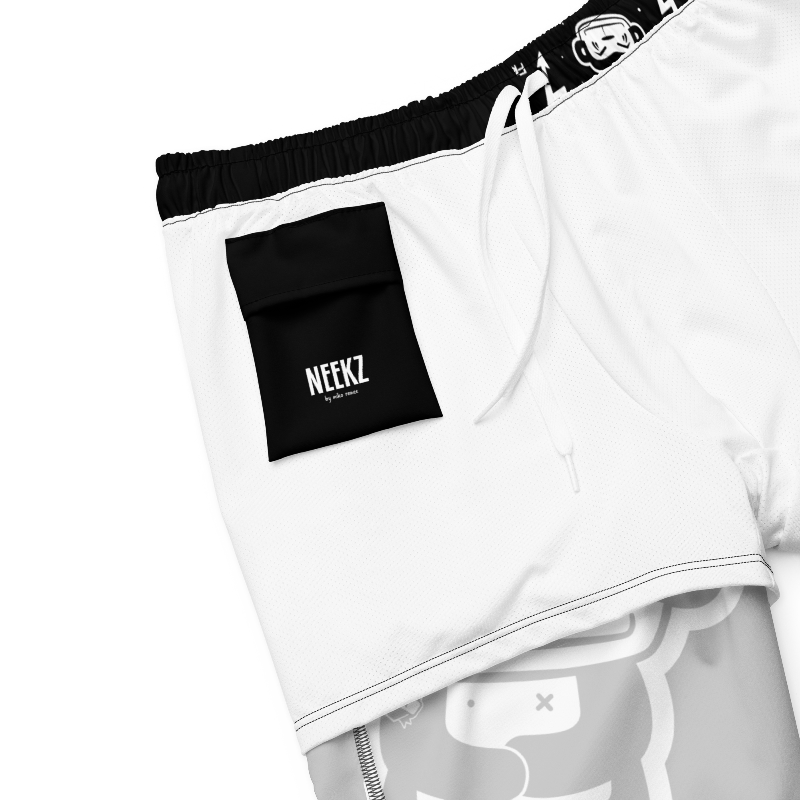 Freddie swim trunks inside pocket and drawstring detail.