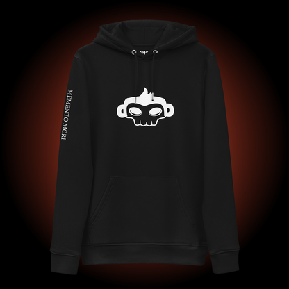 Front view of Freddie the Outlaw Memento Mori Collection adult hoodie in the color black. The white printed graphic is a skull version of Freddie's head, crossbones underneath, and an upside down version of the skull head below that.