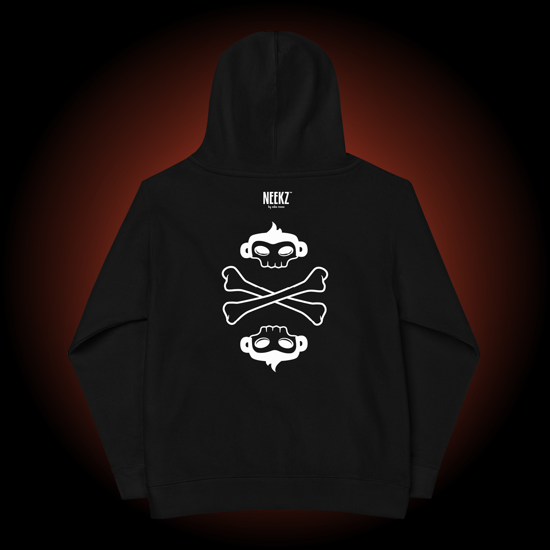 Freddie the Outlaw black kids hoodie, backside, with skull and crossbones graphic.
