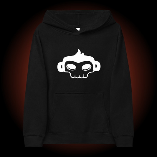 Freddie the Outlaw black kids hoodie, frontside, with skull graphic.