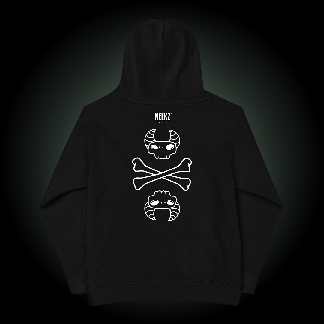 Gregore the Sage black kids hoodie, backside, with skull and crossbones graphic.