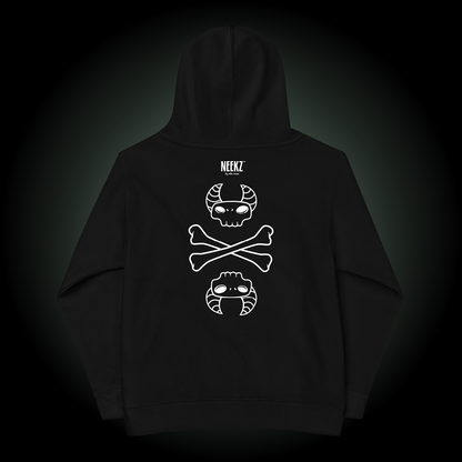 Gregore the Sage black kids hoodie, backside, with skull and crossbones graphic.