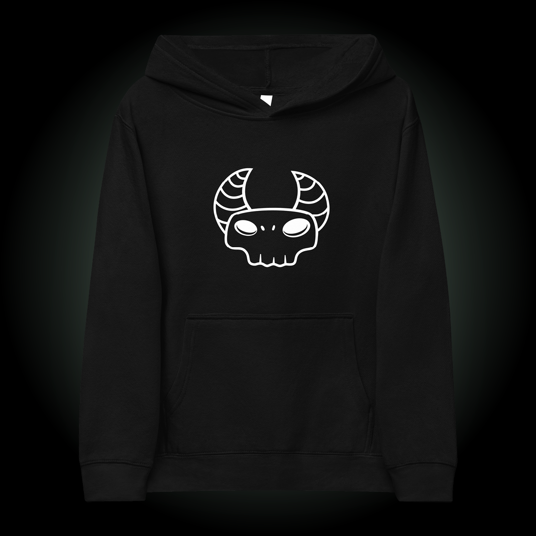Gregore the Sage black kids hoodie, frontside, with skull graphic.