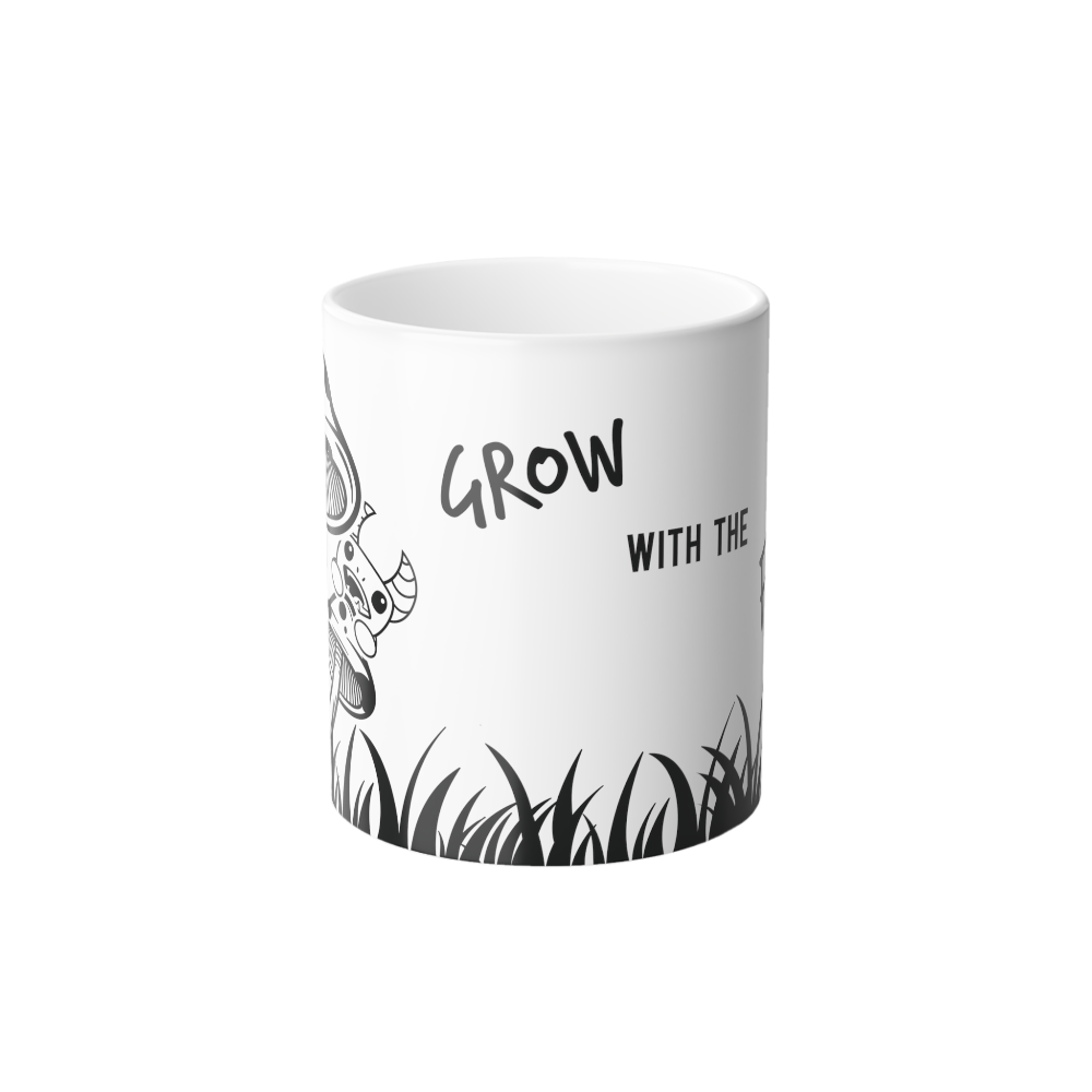 Front side, when hot, of heat reactive "Grow with the Flow" mug.