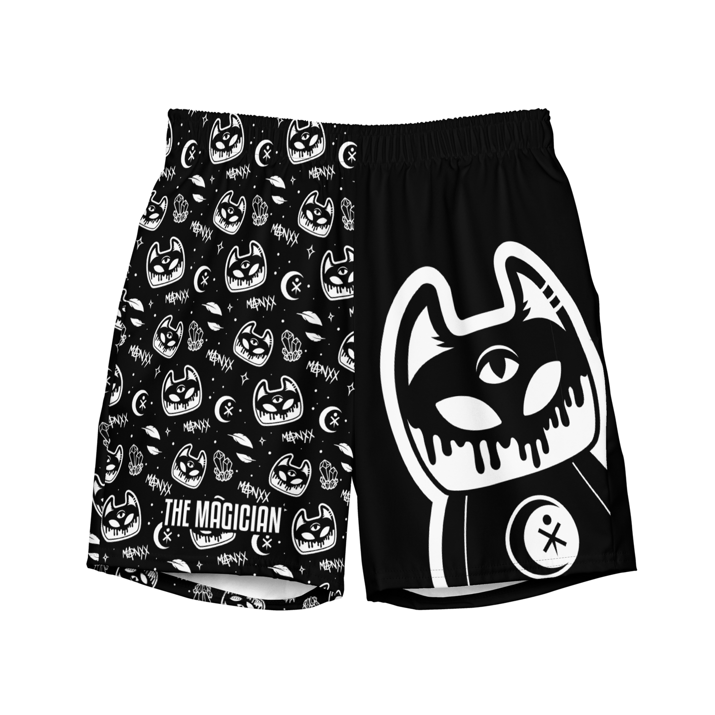 Black and White Swim Trunks featuring Manxx the Magician (front view)