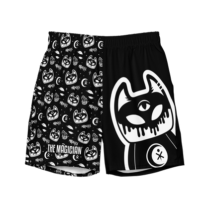 Black and White Swim Trunks featuring Manxx the Magician (front view)