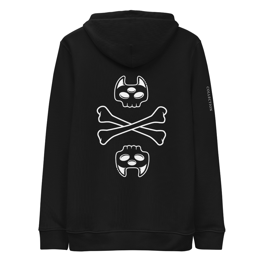 Back view of Manxx the Magician Memento Mori Collection adult hoodie in the color black. The white printed graphic is a skull version of Manxx's head, crossbones underneath, and an upside down version of the skull head below that.