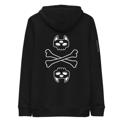 Back view of Manxx the Magician Memento Mori Collection adult hoodie in the color black. The white printed graphic is a skull version of Manxx's head, crossbones underneath, and an upside down version of the skull head below that.