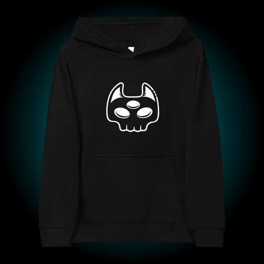 Manxx the Magician black kids hoodie, frontside, with skull graphic.
