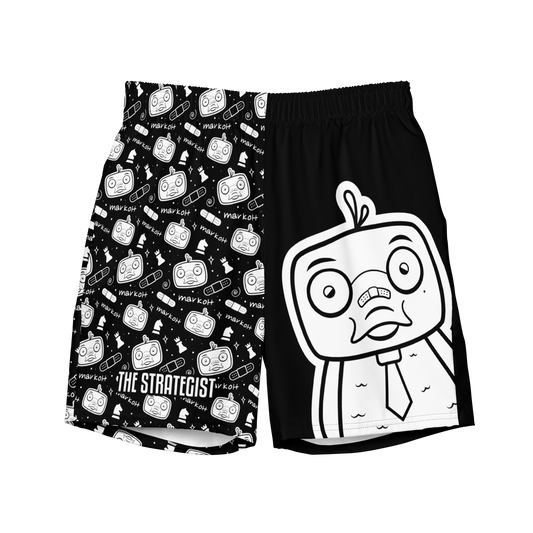 Black and White Swim Trunks featuring Markoh the Strategist (front view)