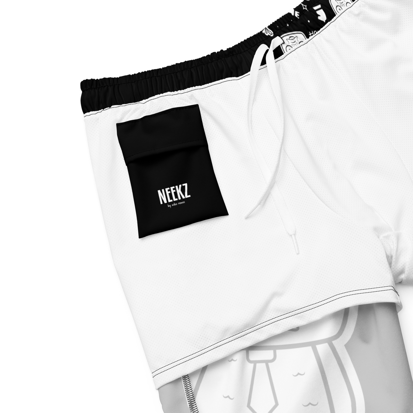 Markoh swim trunks inside pocket and drawstring detail.