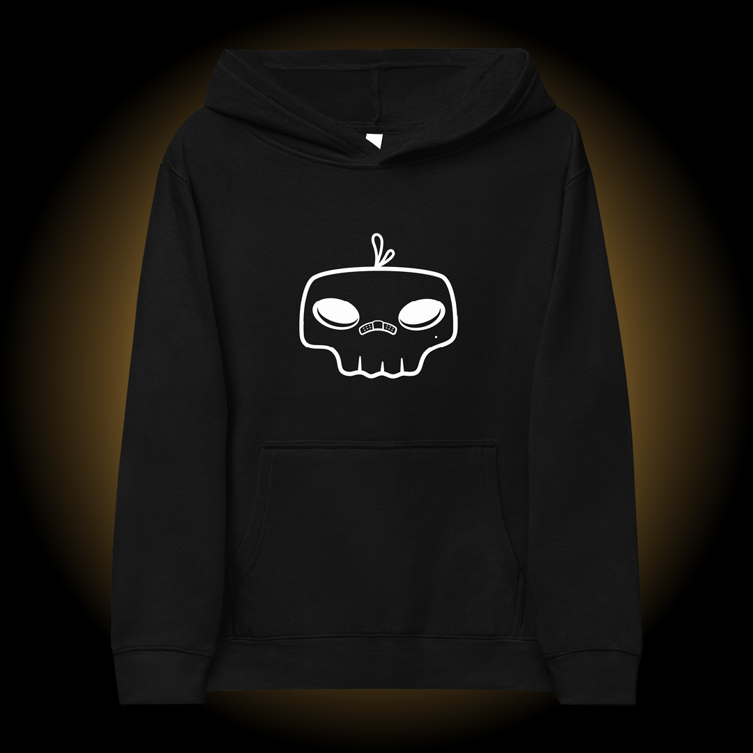 Markoh the Strategist black kids hoodie, frontside, with skull graphic.