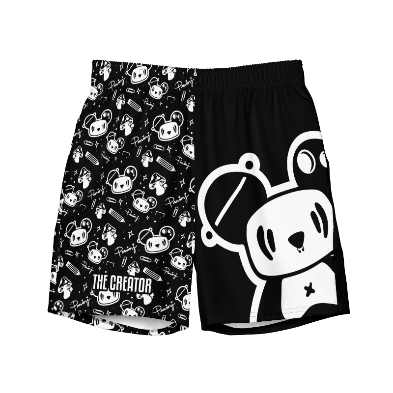 Black and White Swim Trunks featuring Paninj the Creator (front view)