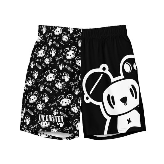 Black and White Swim Trunks featuring Paninj the Creator (front view)