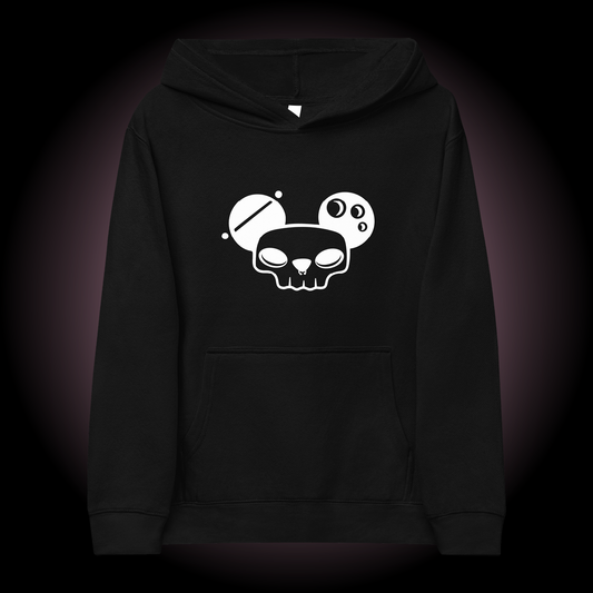 Paninj the Creator black kids hoodie, frontside, with skull graphic.