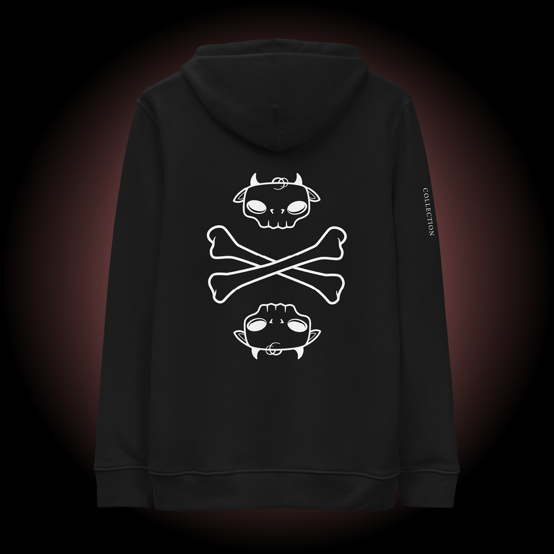 Back view of Tobi the Peacemaker Memento Mori Collection adult hoodie in the color black. The white printed graphic is a skull version of Tobi's head, crossbones underneath, and an upside down version of the skull head below that.