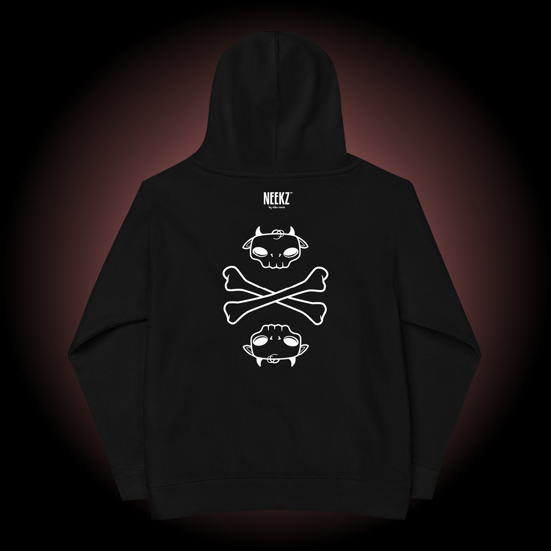 Tobi the Peacemaker black kids hoodie, backside, with skull and crossbones graphic.