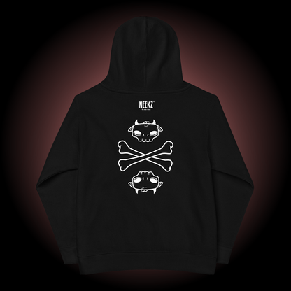 Tobi the Peacemaker black kids hoodie, backside, with skull and crossbones graphic.