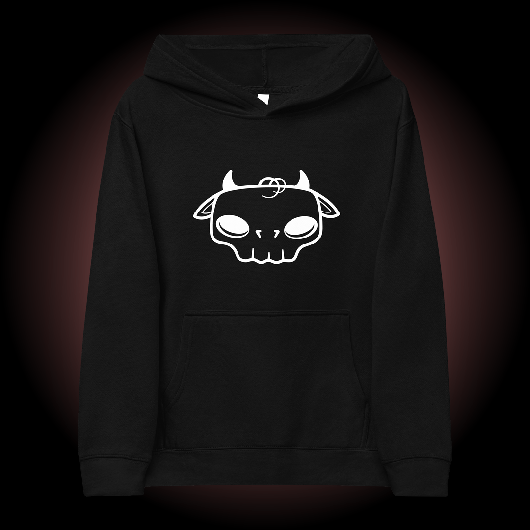 Tobi the Peacmaker black kids hoodie, frontside, with skull graphic.