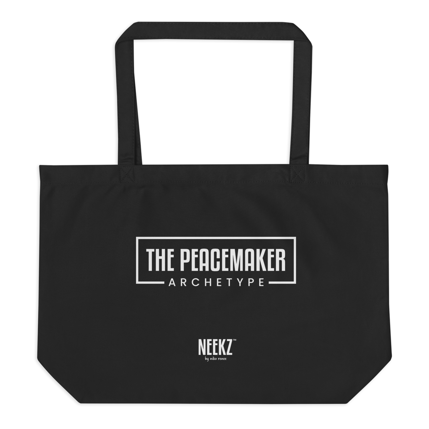 Jumbo black tote bag with white "The Peacemaker Archetype" text imprinted on the back.