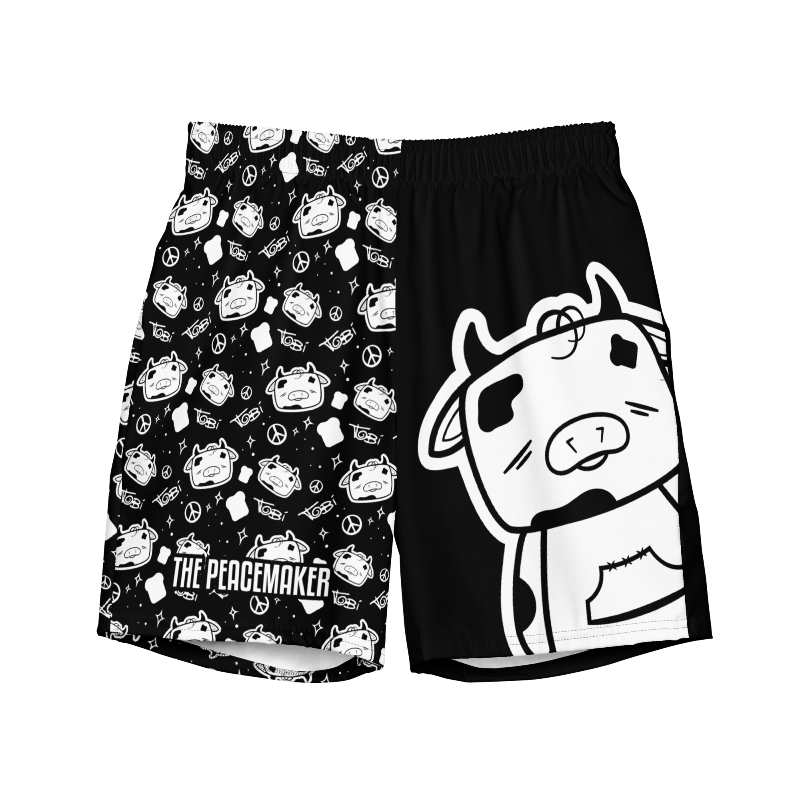 Black and White Swim Trunks featuring Tobi the Peacemaker (front view)