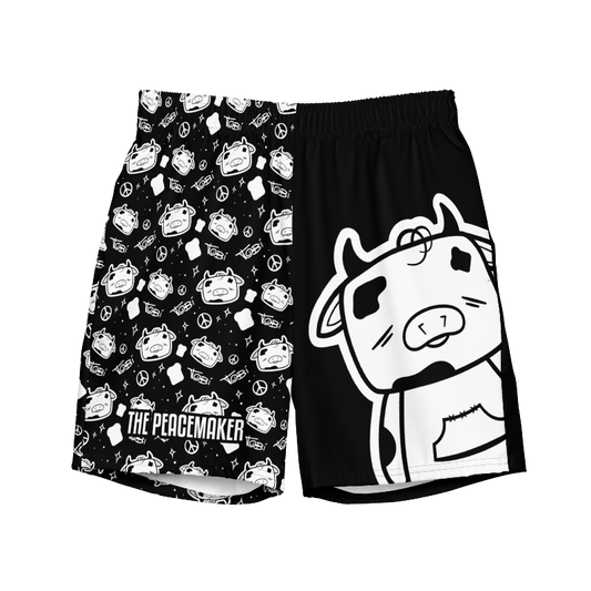 Black and White Swim Trunks featuring Tobi the Peacemaker (front view)
