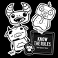 Several single sticker options including stickers of Gregore's Head, Full-body Tobi, Full-body Markoh, and Freddie - "Know the Rules".