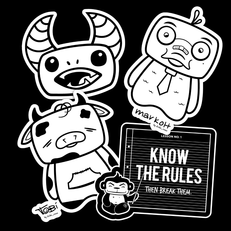 Several single sticker options including stickers of Gregore's Head, Full-body Tobi, Full-body Markoh, and Freddie - "Know the Rules".