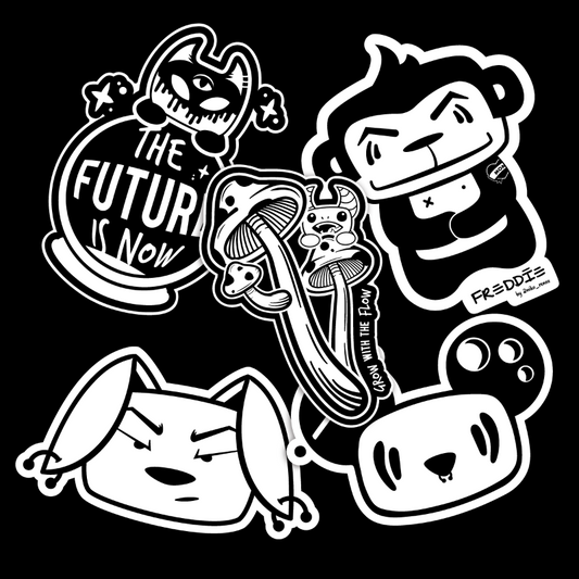 Several single sticker options including stickers of Manxx - "The Future is Now", Bu's Head, Gregore - "Grow with the Flow", Paninj Head, and Full-body Freddie.